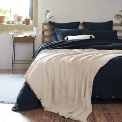 Plaid Gaze De Coton à Franges Beige