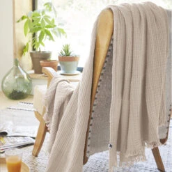 Plaid Gaze De Coton à Franges Beige -Terre de nuit boutique gaia beige amb 2 plaid