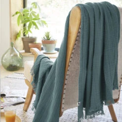 Plaid Gaze De Coton à Franges Bleu Canard -Terre de nuit boutique gaia canard amb 2 plaid