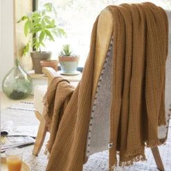 Plaid Gaze De Coton à Franges Marron -Terre de nuit boutique gaia marron amb 2 plaid