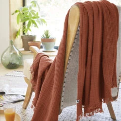 Plaid Gaze De Coton à Franges Orange Terracotta -Terre de nuit boutique gaia orange amb 2 plaid