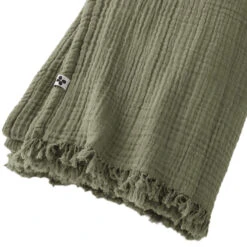 Plaid Gaze De Coton à Franges Kaki 9 Plaid Gaze De Coton à Franges Kaki -Terre de nuit boutique gaia plaid kaki zoom