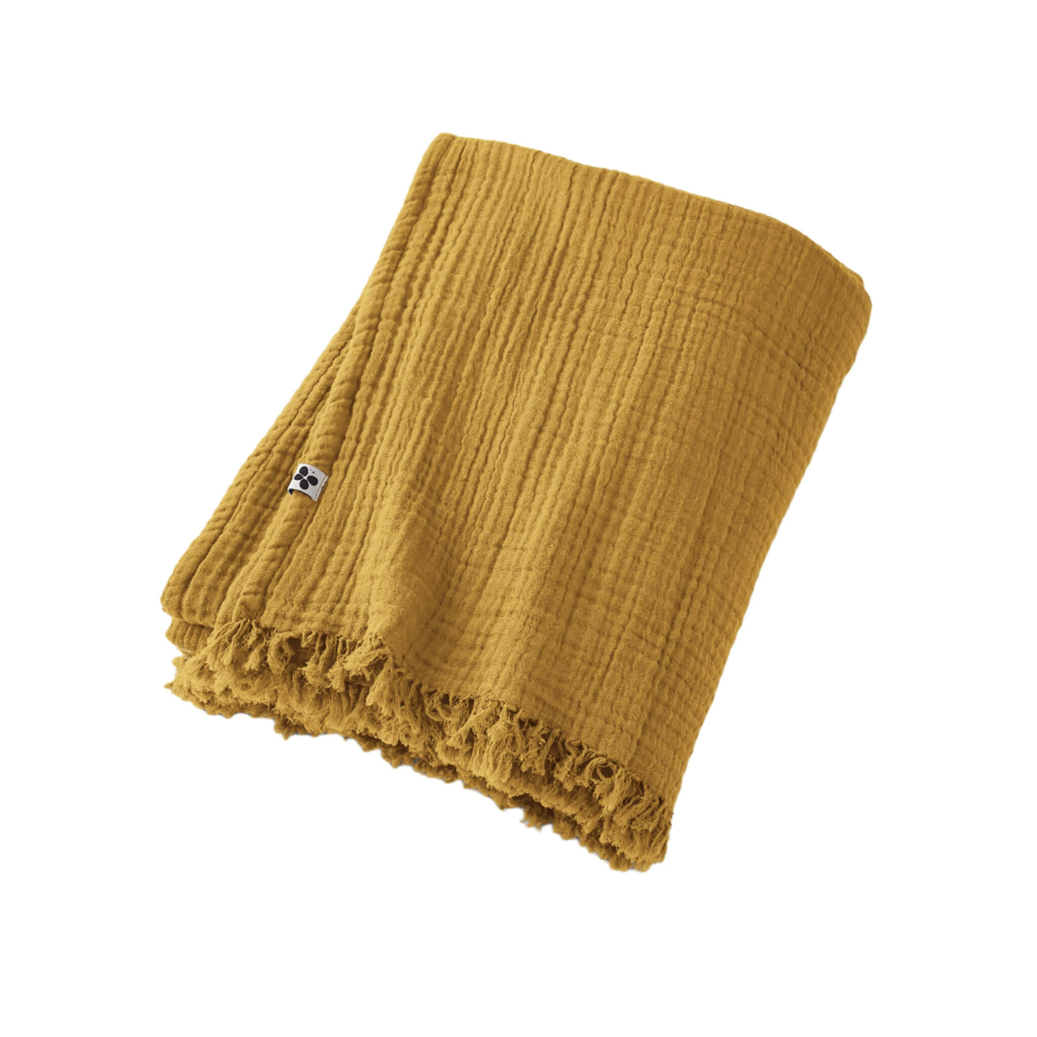 Plaid Gaze De Coton à Franges Jaune Safran 4 Plaid Gaze De Coton à Franges Jaune Safran – Image 2