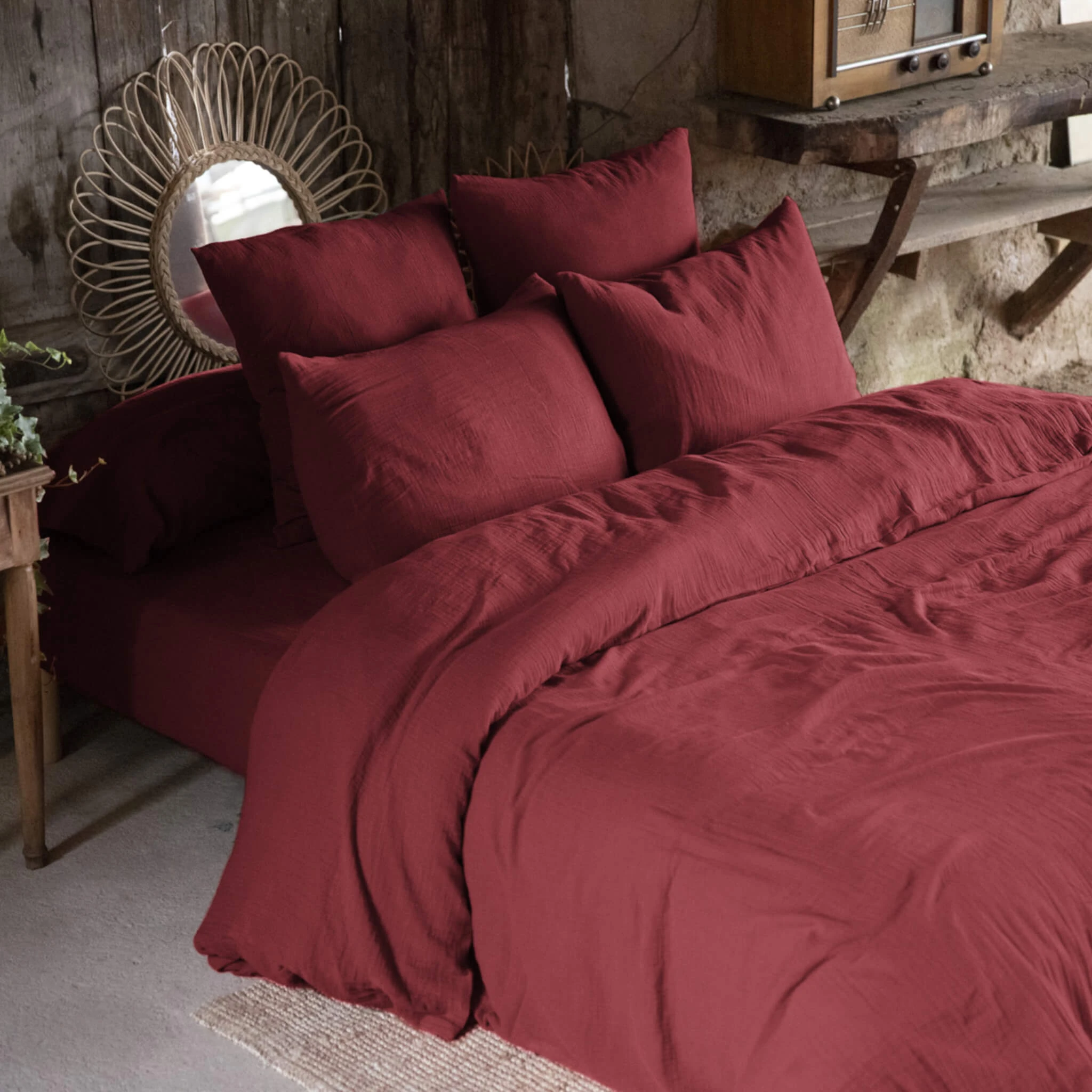 Lot De 2 Taies D'oreillers Double Gaze De Coton Bordeaux 5 Lot De 2 Taies D'oreillers Double Gaze De Coton Bordeaux – Image 3