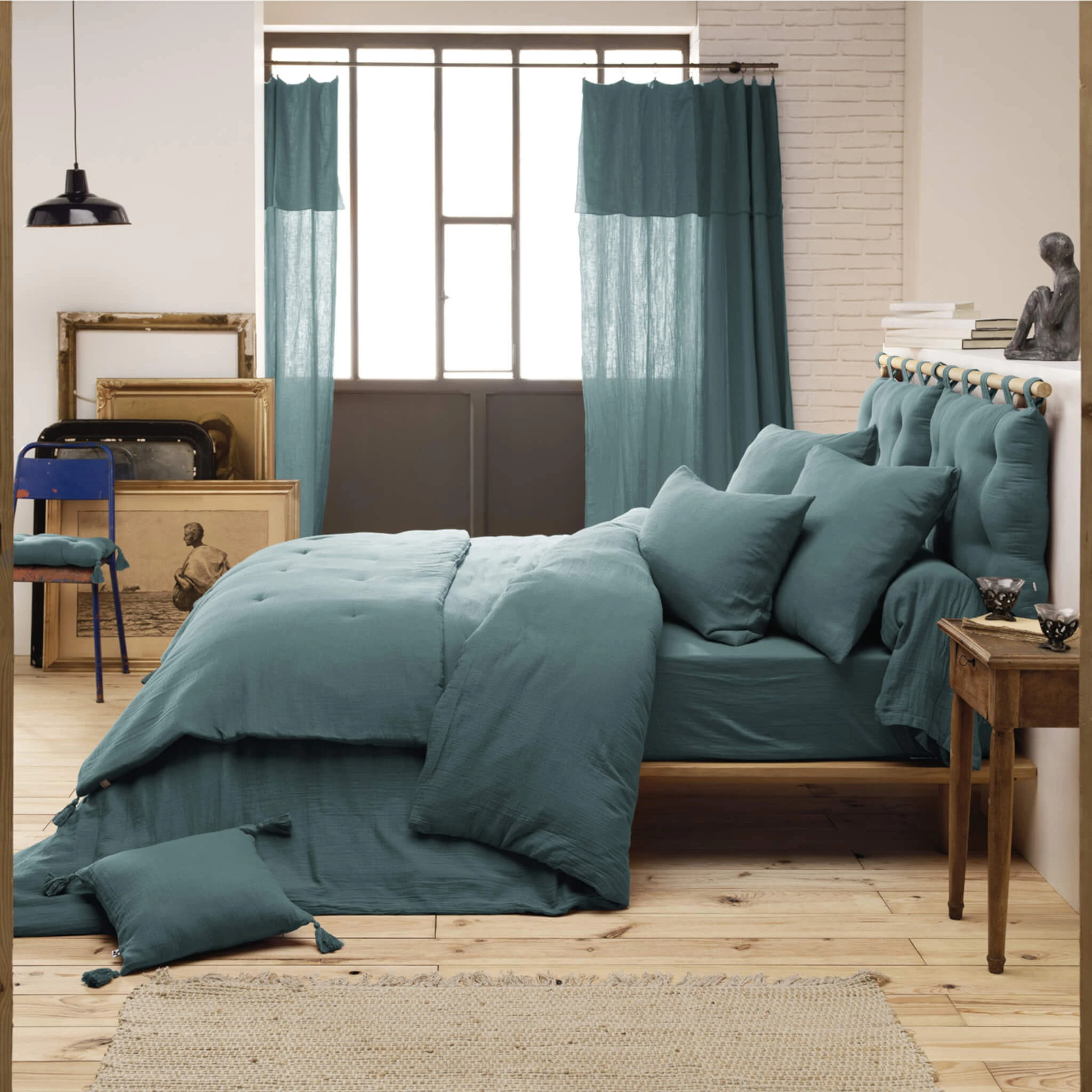 Parure De Lit Double Gaze De Coton Bleu Canard 4 Parure De Lit Double Gaze De Coton Bleu Canard – Image 2