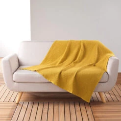 Plaid Gaufrette En Coton Uni 125x150 Cm -Terre de nuit boutique plaid gaufrette jaune