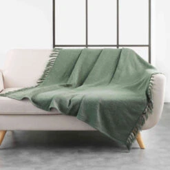 Plaid à Franges En Coton Tissé Zamina 125x150 Cm -Terre de nuit boutique plaid zamina kaki