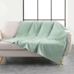 Plaid à Franges En Coton Tissé Zamina 125x150 Cm -Terre de nuit boutique plaid zamina vert