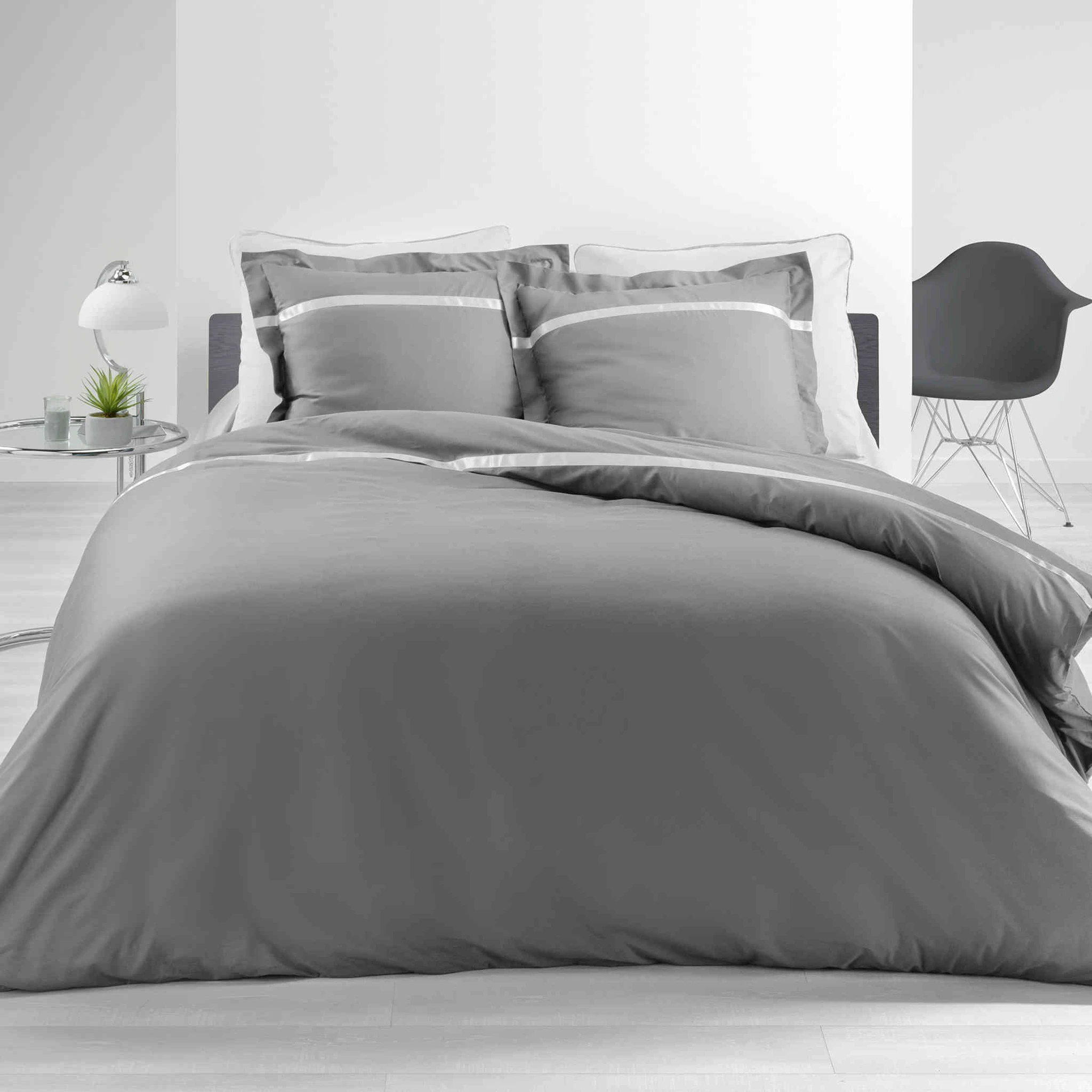 Parure De Lit Percale Satinéa Gris/blanc 3 Parure De Lit Percale Satinéa Gris/blanc