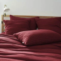 Taie D'oreiller à Carreaux Double Gaze De Coton Bordeaux