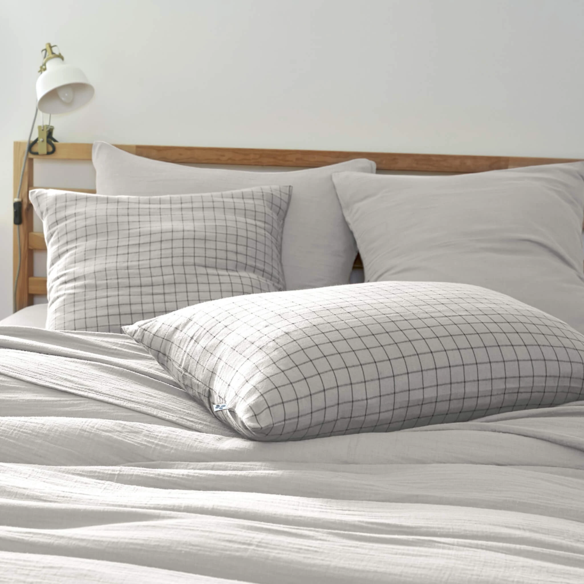 Taie D'oreiller à Carreaux Double Gaze De Coton Gris 3 Taie D'oreiller à Carreaux Double Gaze De Coton Gris