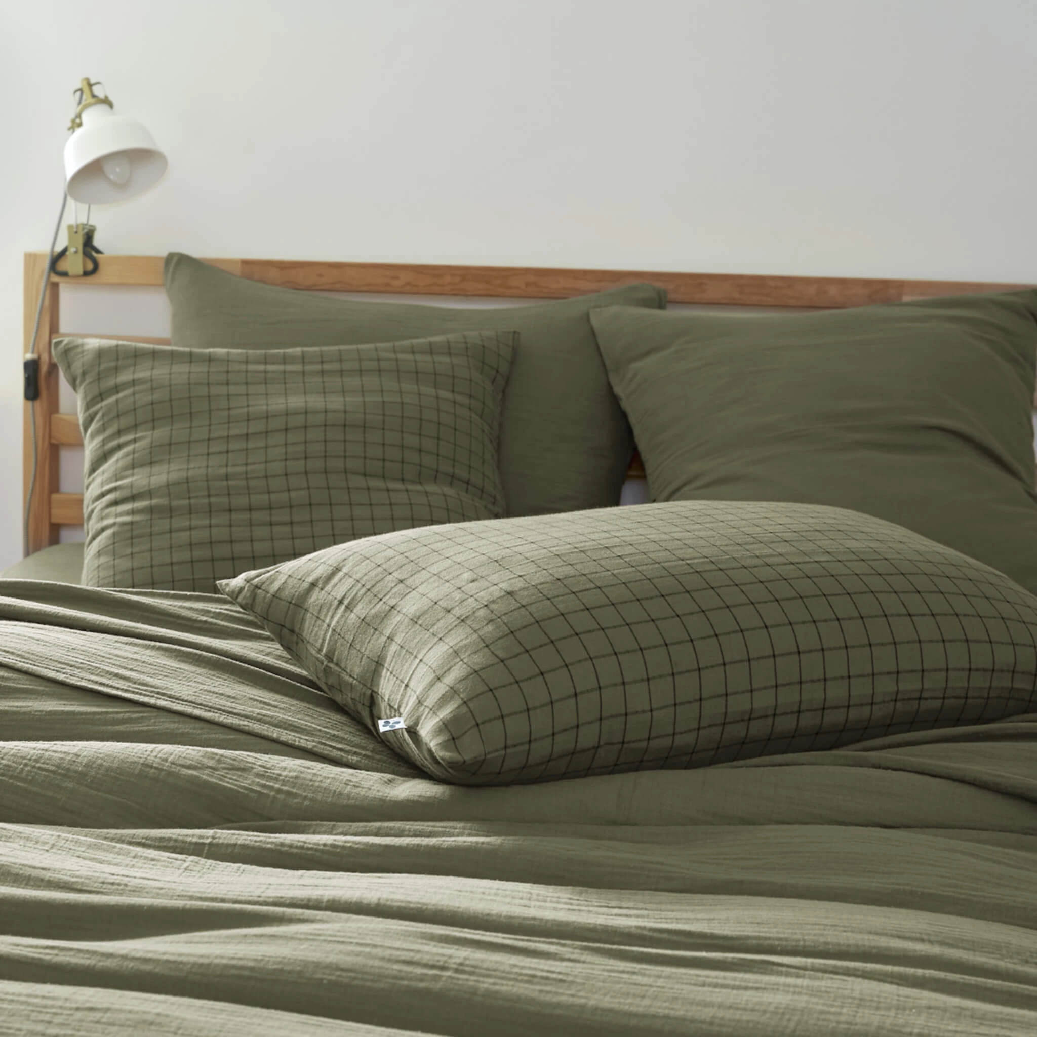 Taie D'oreiller à Carreaux Double Gaze De Coton Kaki 3 Taie D'oreiller à Carreaux Double Gaze De Coton Kaki